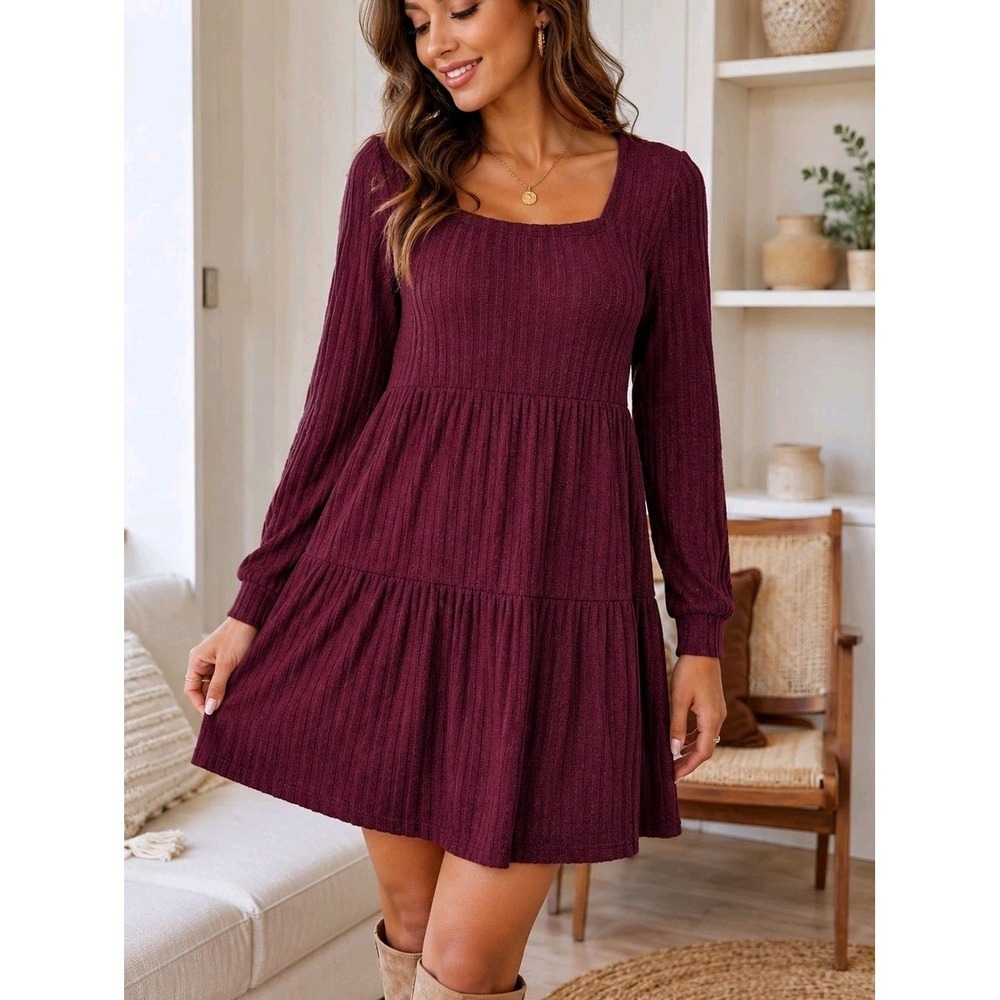 Frye Ribbed Tiered Mini Dress XL Burgundy Long Sleeve Stretch NWT Boho Soft
